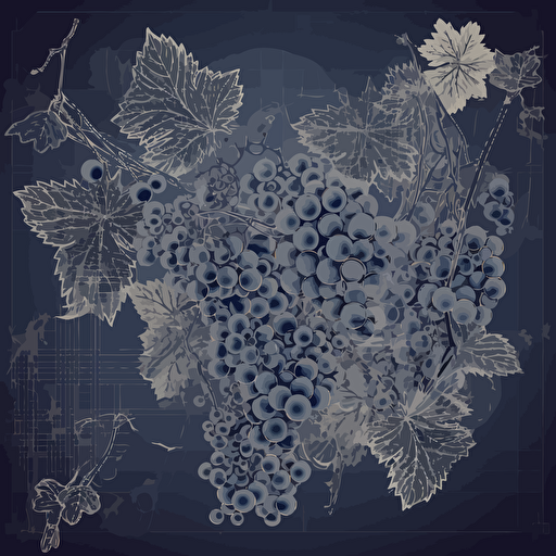 vector bunch of grapes and grapevines xray and blueprint