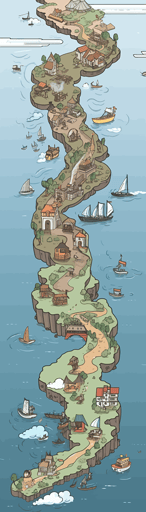 7 rivers merging into one sea one by one, each one have iland, with boats, with peoplle vector, vector illustration