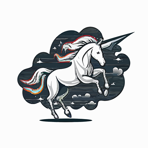 unicorn with storm and lightning behind it, vector logo, vector art, emblem, simple cartoon, 2d, no text, white background