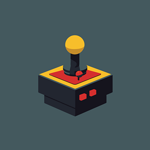 Create a minimalist and cool 8-bit arcade joystick illustration using negative space. The design should be flat and utilize black, yellow, and red colors. The joystick should be recognizable and angled slightly, with a red button on the top and a black device on the back. The illustration should be simple but have enough detail for viewers to recognize the device. The design should be created in a vector format for scalability and should be suitable for use in various applications such as logos, branding materials, and promotional items.