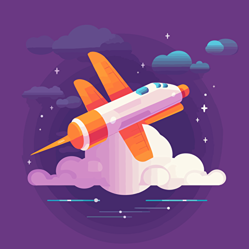 spaceship flying in air, through clouds, 2D, vector, flat art, fedex purple and orange