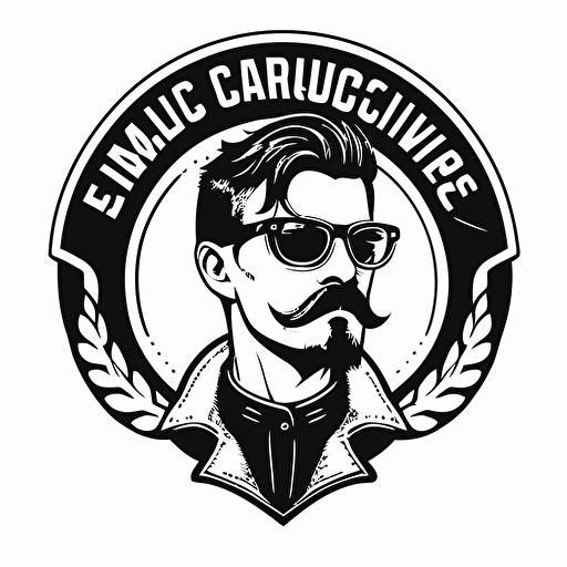 motorcycle club logo, mustache hipster wearing motorcycle glasses, simple vector, black and white