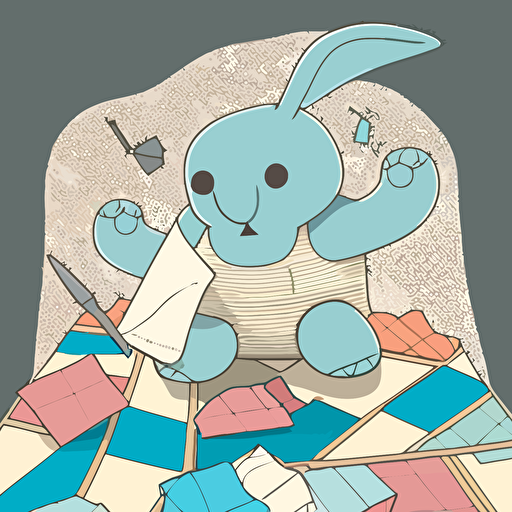 a simple vector logo of a bunny creature making a quilt