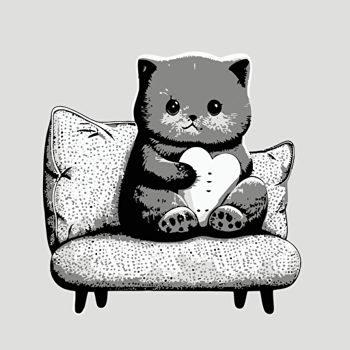 a cat sitting on a single couch and holding a plush hearted toy, back leg up, super cute face, vector design, black white, illustration.