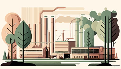industrial buildings and trees landscape, flat vector art style, illustration, very detailed, by Keith Negley,