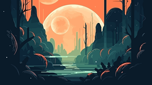 a jungle planet, floating in space, hazy atmosphere, orange and green colors, vibrant, flat vector illustration