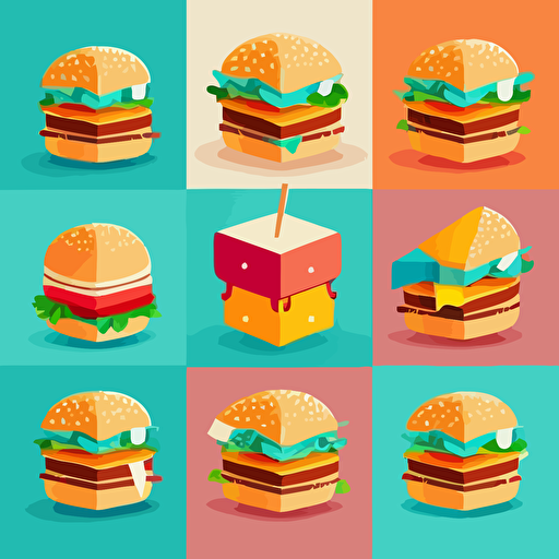 burger, multiple angle , simple, cute, full color, flat color,vector