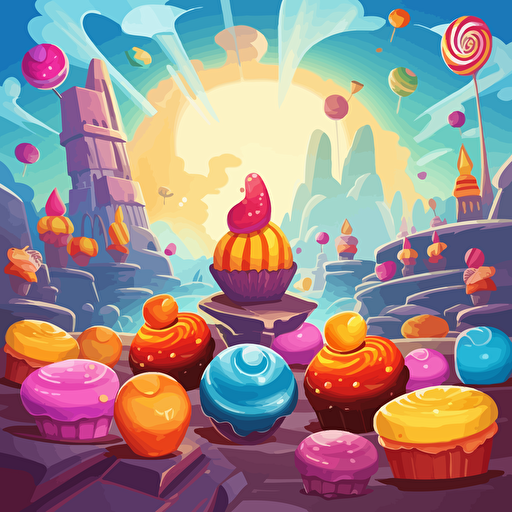 Design me a colorful background with candy and cakes for match 3 style games, 2d vector, illustration