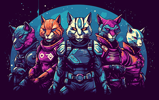 logo design of a group of anthromoporphic cats dressed in sci-fi battle gear with spaceships and planets behind them, 2d, purple and blue colors, vector, amazing-logo-design