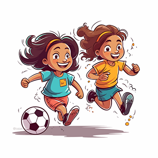 Vector illustration, of two beautiful happy 6 years old girls playing soccer with white background