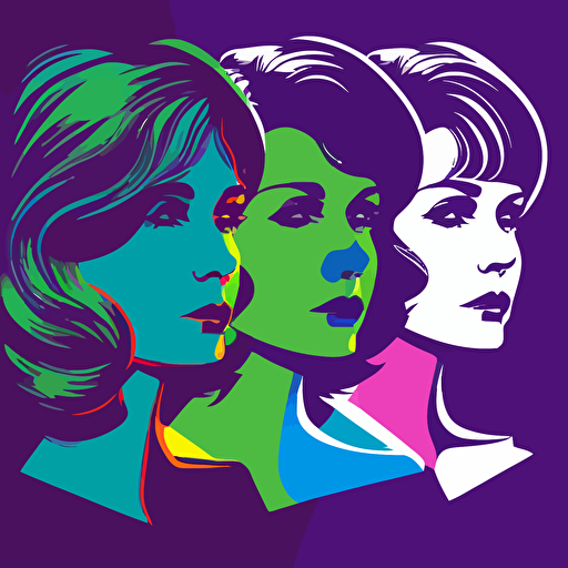 vector illustration of three 1960's ladies in pop art style in blue, purple, green and white 5k