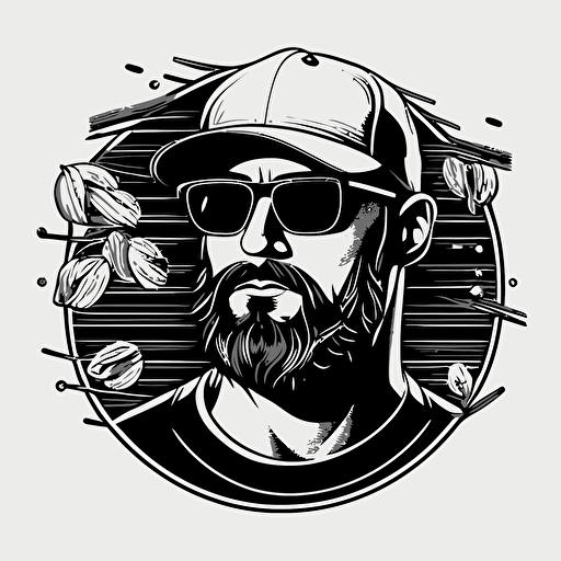 vector, black and white, man face with trucker cap, beard, pasta glasses, bald, 2d