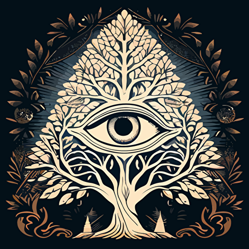 tree of life, ornate, all seeing eye, pyramid, vector, white