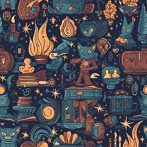 Patern with magical tools( wands, books, owl, cat, snake, lanter, castle, star, boiling Cauldron) , vector