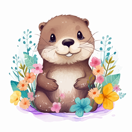 cute otter, flowers, detailed, cartoon style, 2d watercolor clipart vector, creative and imaginative, hd, white background