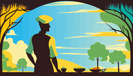 flat modern style illustration, half body flat silhouette of a baker, inside of silhouette of baker positive calm nature view with blue and yellow and green colors, calm on background, 2d vector