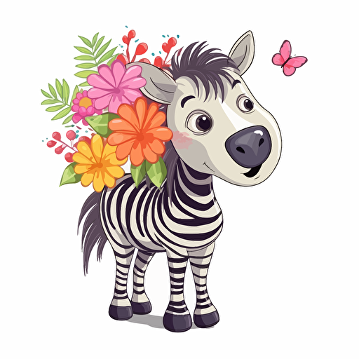 cute zebra with flowers, detailed, cartoon style, 2d clipart vector, creative and imaginative, hd, white background