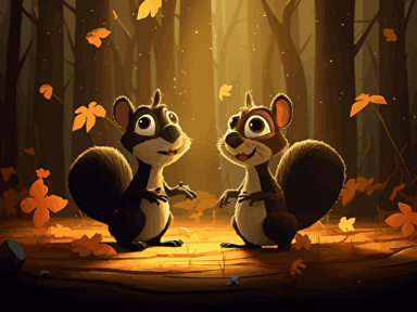 Vector illustration of 2 scared squirrels in front of a giant black spider from a magical wood. pixar animation, cute, magical wood background, beautifull lighting, soft color, yellow glowing flowers,