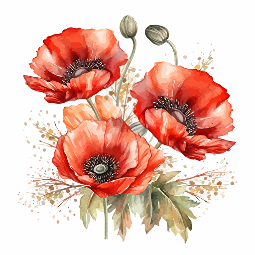 watercolor vector illustration boho line poppies sticker white background