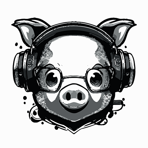 mascot logo of a face of a dj pig with earphones, esports style, black and white, 2D vector logo, flat, white background,