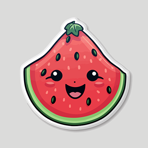 sticker, cute and happy slice of watermelon, kawaii, contour, vector, white border, gray background