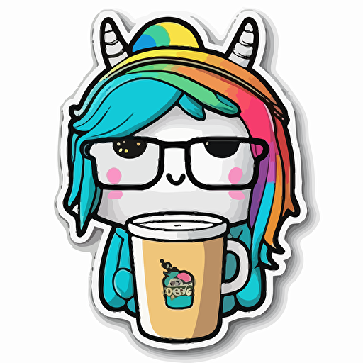 Cartoon kawaii ranbow unicorn wearing beanie and glasses, drinking coffee, solid outline for vector style sticker art