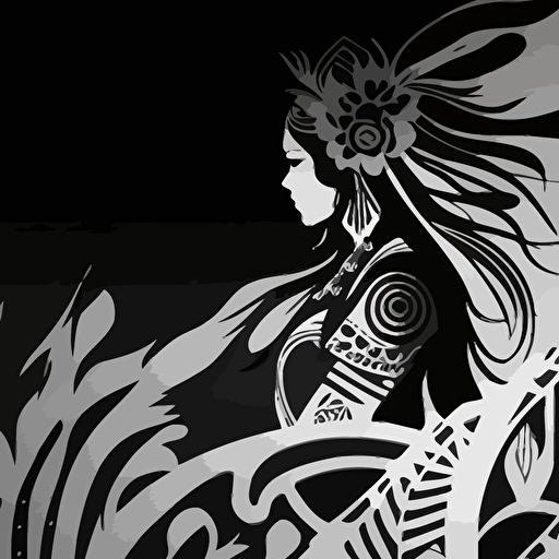 create a borderless wallpaper border design based on japanese ainu patterns and apache gaan dancer crown images and symbols black and white vector