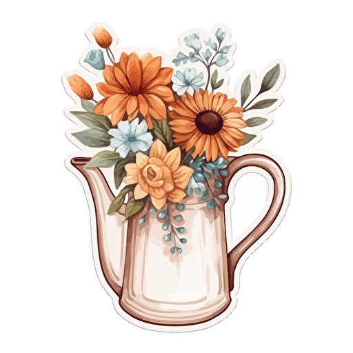 watercolor vector illustration boho clay pitcher flowers sticker white background