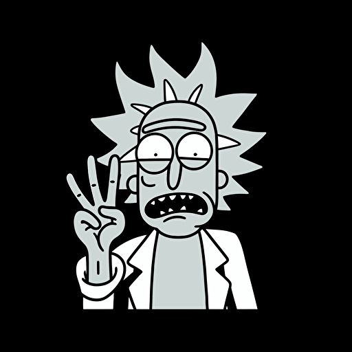 rick sanchez from rick and morty showing middle finger with six arms, vectorized black and white.