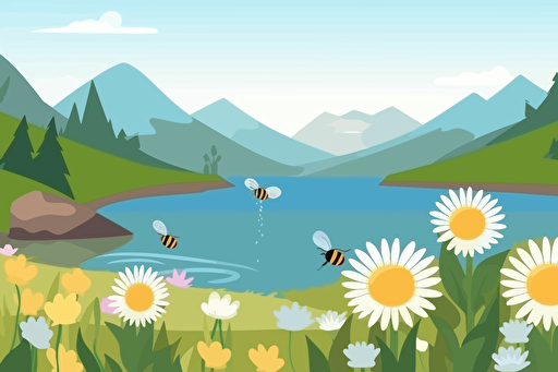 vector illustration of bees and daisies in front of a stream with mountains in the background