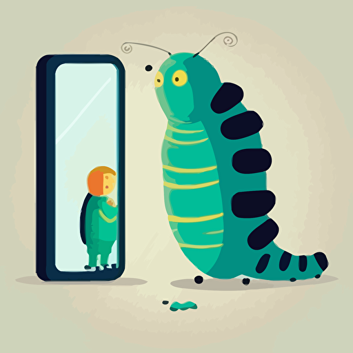 caterpillar looking into mirror at future himself as being butterfly, vector minimalistic illustration