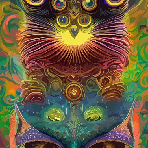 portrait psychedelic cat owl figure naoto hattori android jones miyazaki hayao chris dyer deep bold colors galactic entity depth field intricate beautiful painting billions details octane render portal 8 k detailed vector trending artstation cgisociety wow