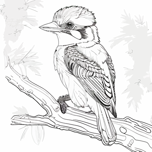 kookaburra in cartoon style, kids coloring page, simple line work, black and white no shadow, flat simple vector illustraion, smily face, on a tree