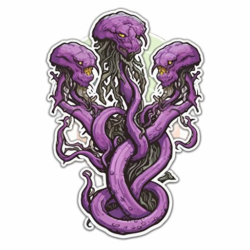 three-headed hydra sticker, vector art, cyber sword, white background, purple tones, no image noise, hyper detailed, maximum detail