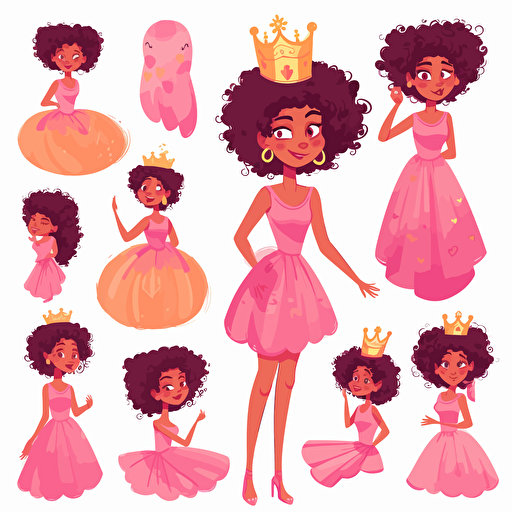 vector illustration, multiple expressions and poses of a beautiful happy black mixed race girl princess with wild Afro hairstyle in long soft pink dress, and golden crown on her head, in vivid colors, with white background.