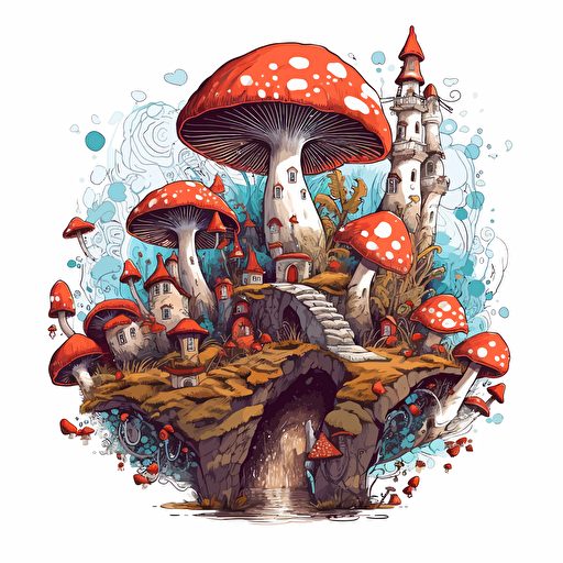round up design with digital illustration of mushrooms, magic world inspired by Studio Ghibli, vector illustration, intricate details, unreal engine, extremely high detailing, sharp, white background