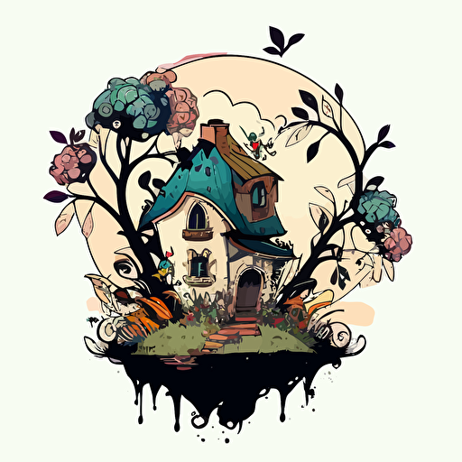 vector style, logo of a house with the attic bursting with a garden out of the top of the house. Cute cartoon, black outline