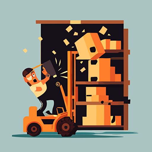 worker crashing forklift into shelving, flat vector illustration