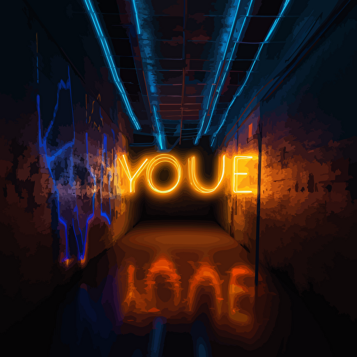 the word "YOU" in orange, blue and yellow neon lights, vector. Cyberpunk, vector, futurist