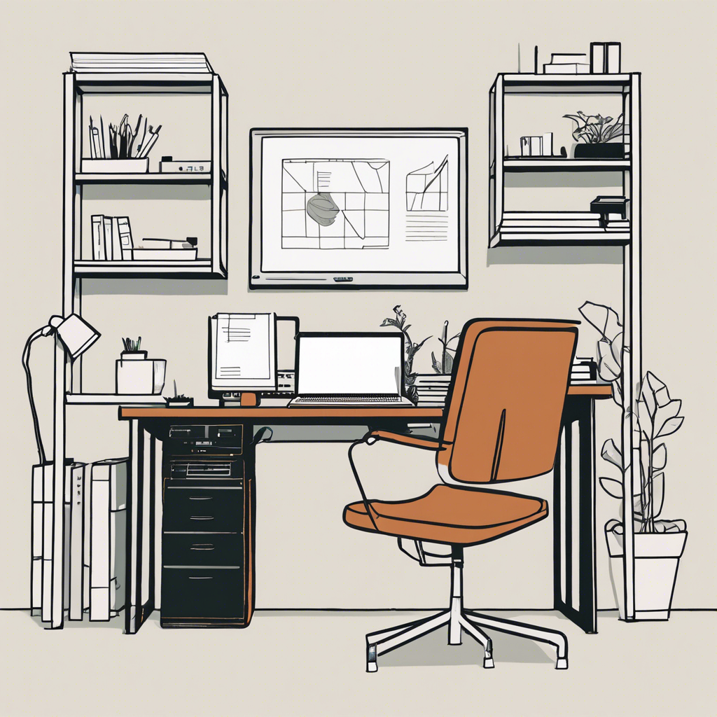 Desk with a modern computer setup, illustration in the style of Matt Blease, illustration, flat, simple, vector
