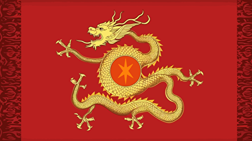 badass chinese detailed red and gold dragon empire flag with big chinese star and dragon in the middle, futuristic and minimalistic government flag design, badass design, powerful nation, vector emblem