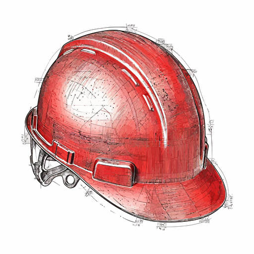 sketched, unfinished blueprint vector drawing of a red hard hat on a simple white background. Eye-Level Shot
