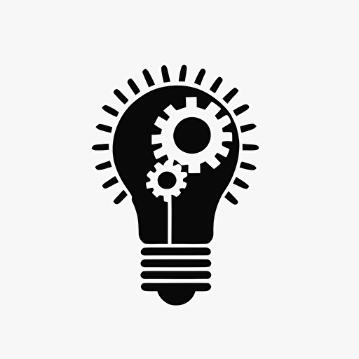 minimalist, modern iconic logo of a lightbulb with gear or cogs, black vector, on white background