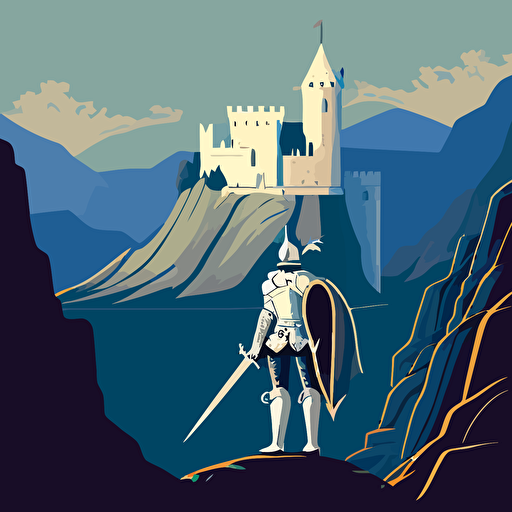 The knight front of a castle which is on montain, vector stly