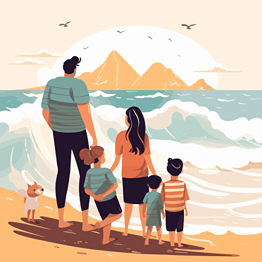 A family with three children at the beach watching the ocean waves, a teen boy, a child girl, a toddler boy, illustration, vector, flat style
