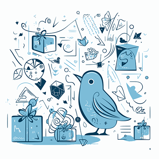 vector doodle minimalist, thinking ai, giftboxes and blue birds