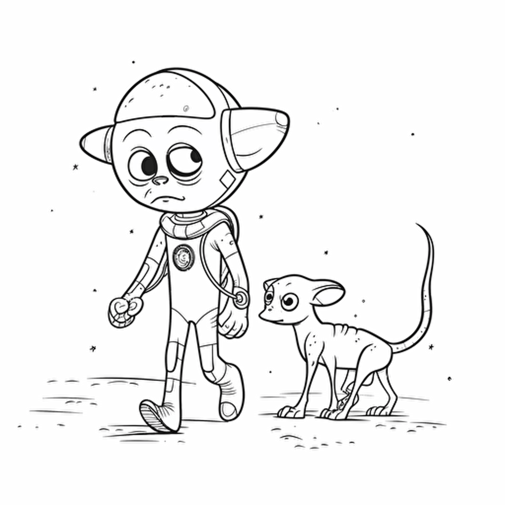 alien walking his alien dog, cartoon, coloring page, vector, simple