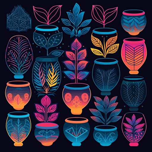 plant pots, surrounded by a circle of elegant leaf motifs, 2d vector, neon colors, epic composition