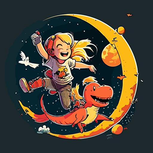 A comic little girl with blonde hair flying over the moon and mars with a smiling yellow dinosaur holding each elbow, ar 2:3, vector