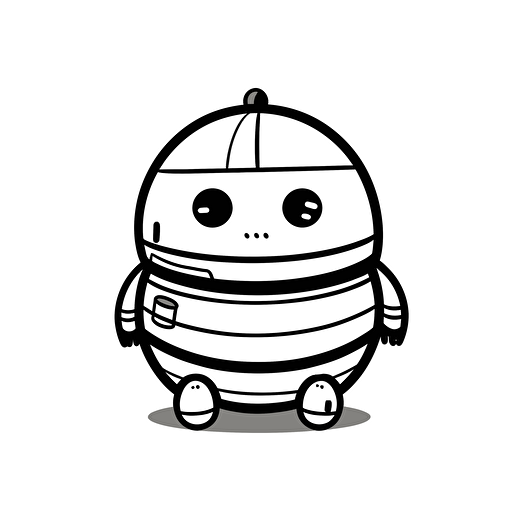 Chubby r2d2 illustration, looking at the camera, minimal, outline strokes only, black and white, logo, vector, white background